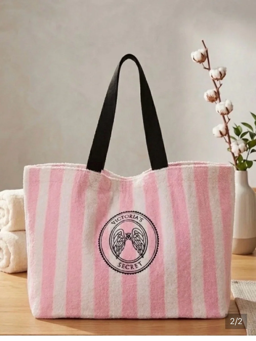 Victoria's Secret Pink and White Striped Tote with Black Handles - Picture 1 of 1